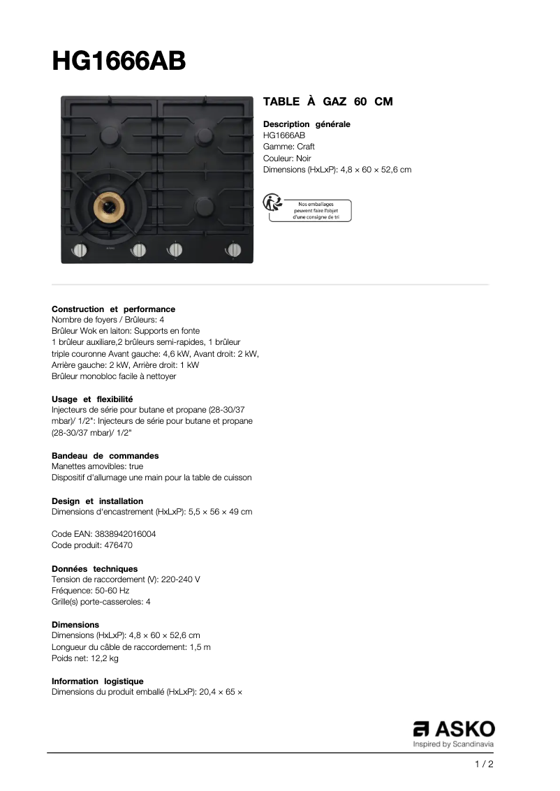 Page n°1 - Fiche technique Asko HG1666AB/S1