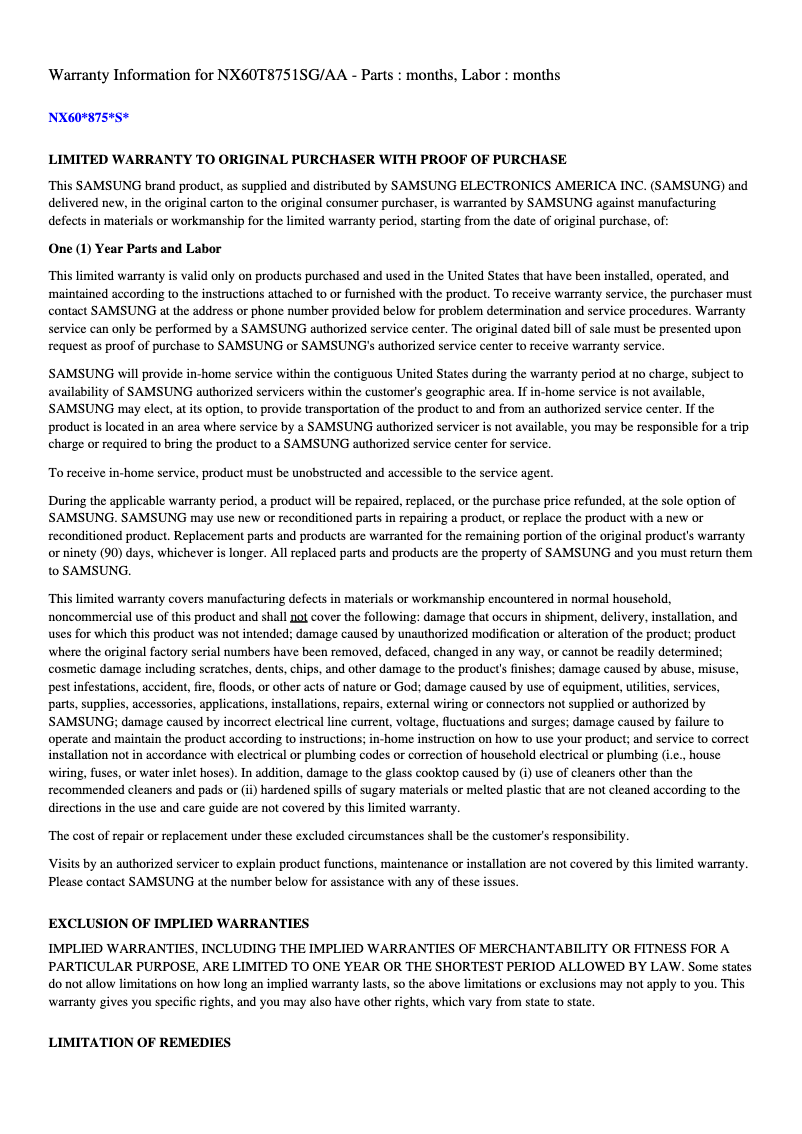 Page 1 de la notice Informations de garantie Samsung NX60T8311SS