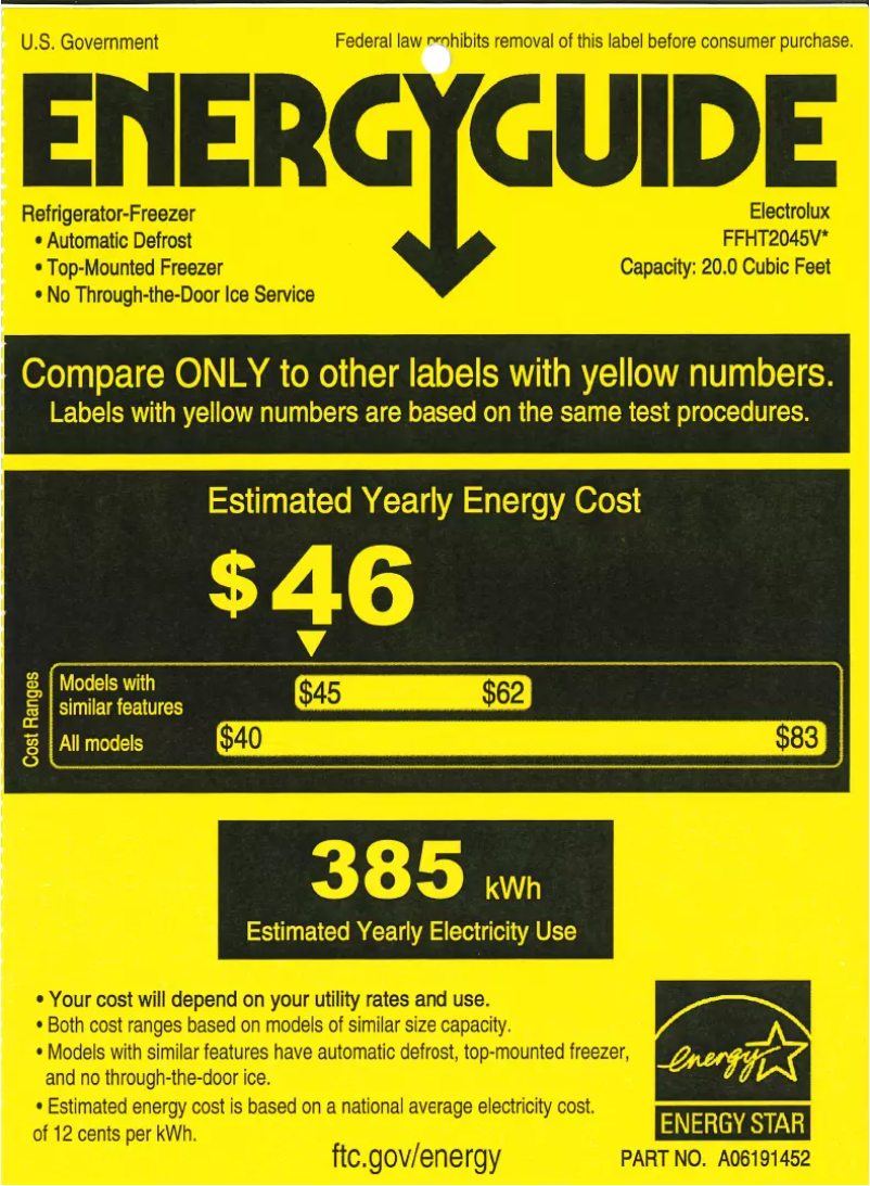 Page 1 de la notice Label énergétique Frigidaire FFHT2045VW
