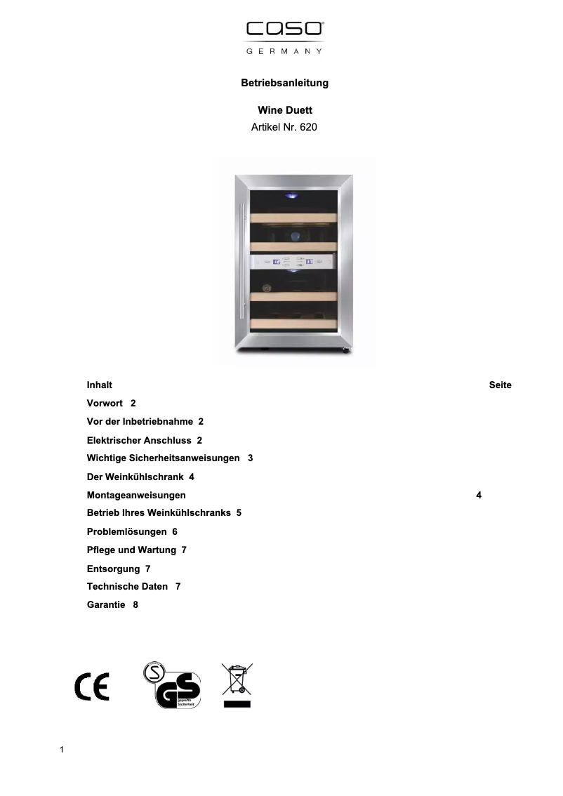 Page n°1 - Manuel utilisateur Caso Wine Duett 620