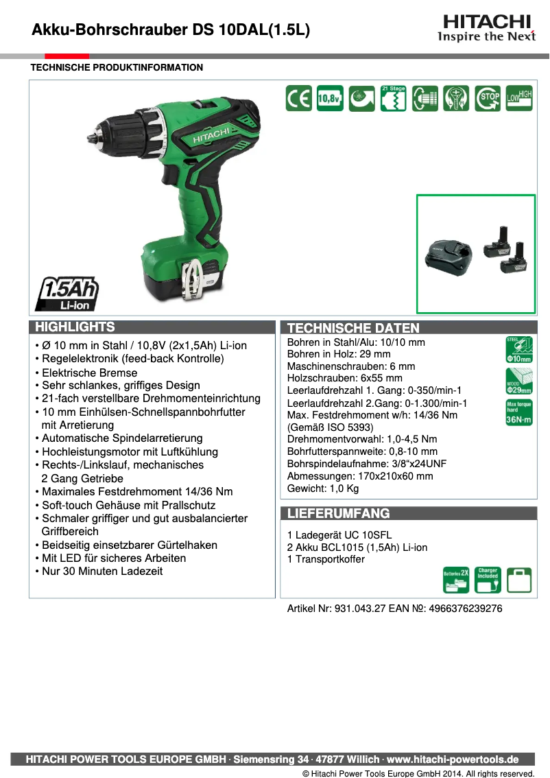 Page n°1 - Fiche technique Hitachi DS 10DAL