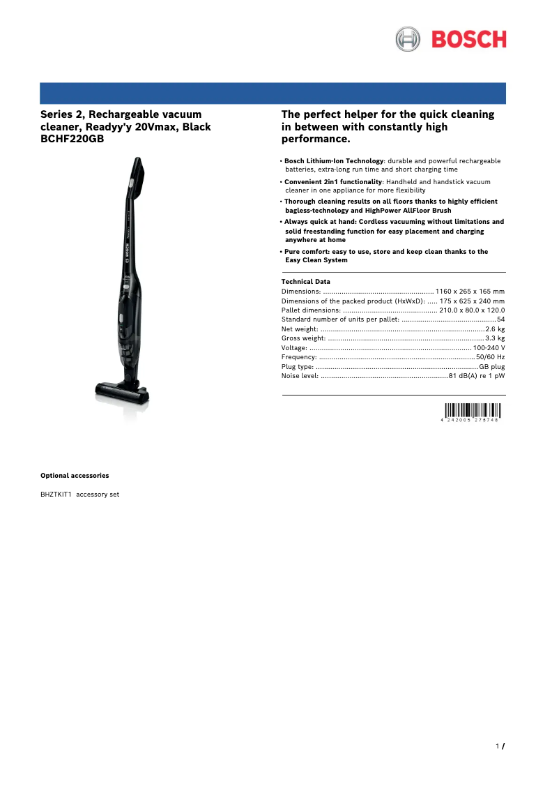 Page 1 de la notice Fiche technique Bosch Readyy'y BCHF220