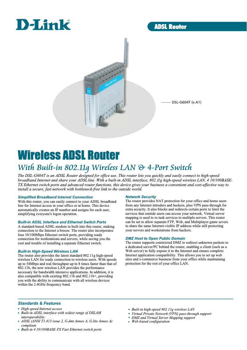 Página 1 del manual Ficha técnica D-Link DSL-G604T