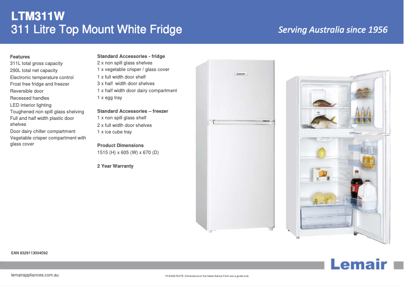 Page 1 de la notice Fiche technique Lemair LTM311W