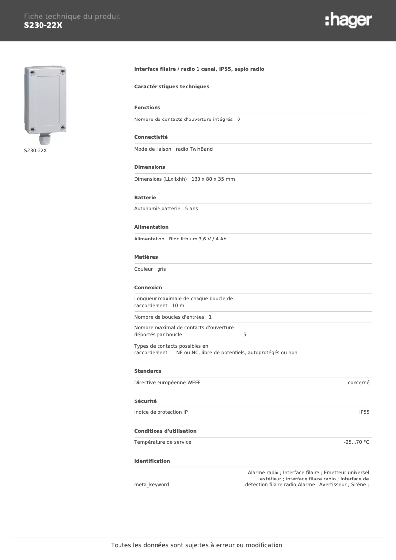 Page 1 de la notice Fiche technique Hager S230-22X