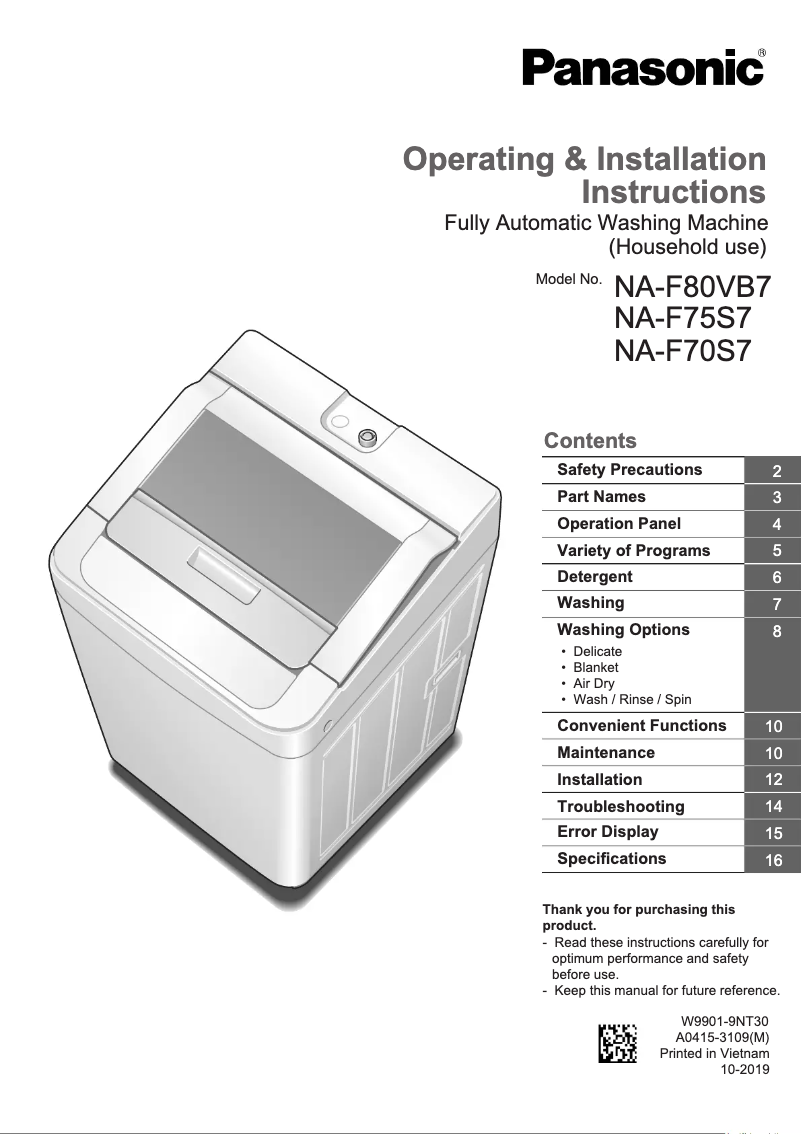 Page 1 de la notice Manuel utilisateur Panasonic NA-F80VB7