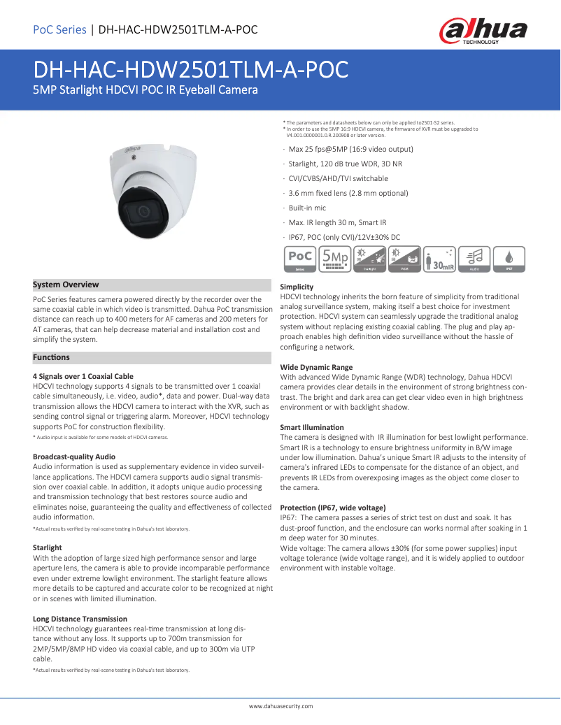 Page n°1 - Fiche technique Dahua Technology HAC-HDW2501TLM-A-POC