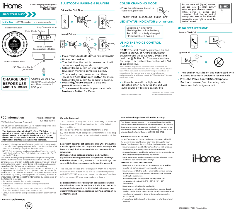 Page n°1 - Guide de démarrage rapide iHome iBT81
