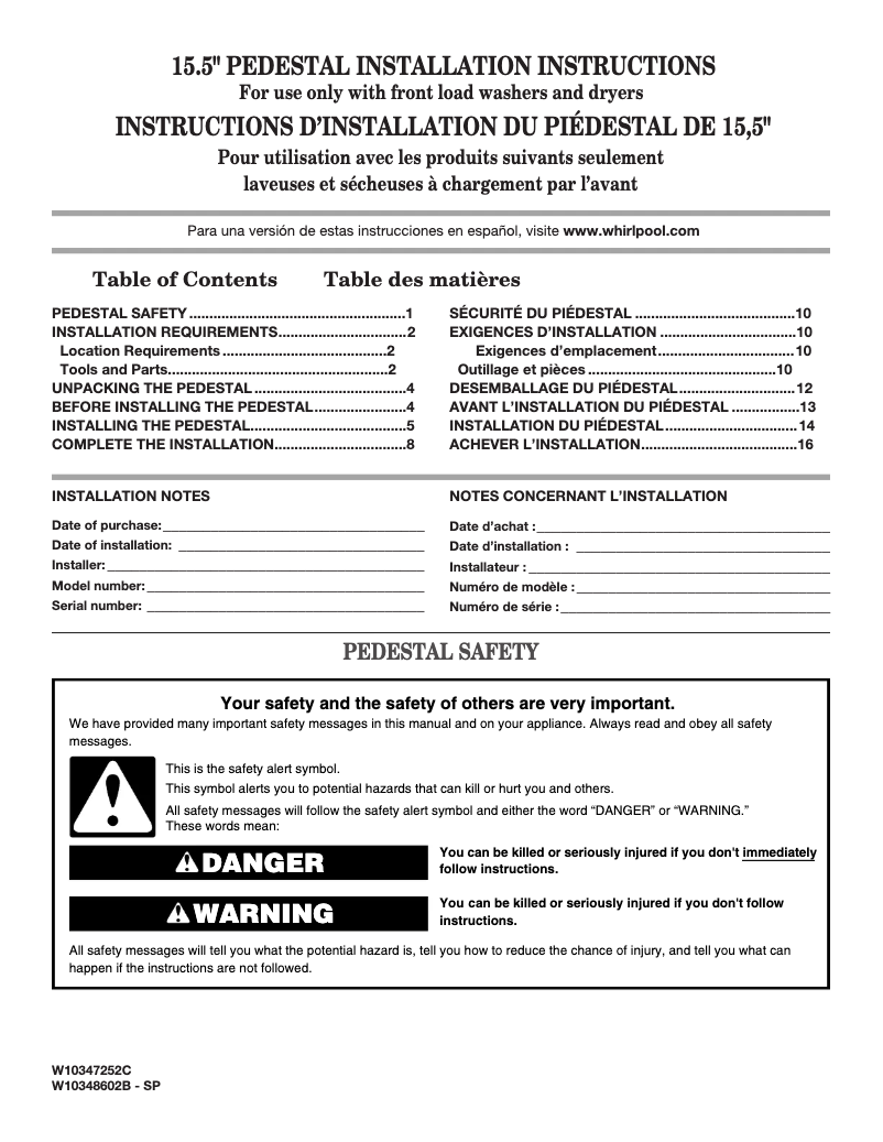 Page n°1 - Guide d'installation Whirlpool WFP2715HC