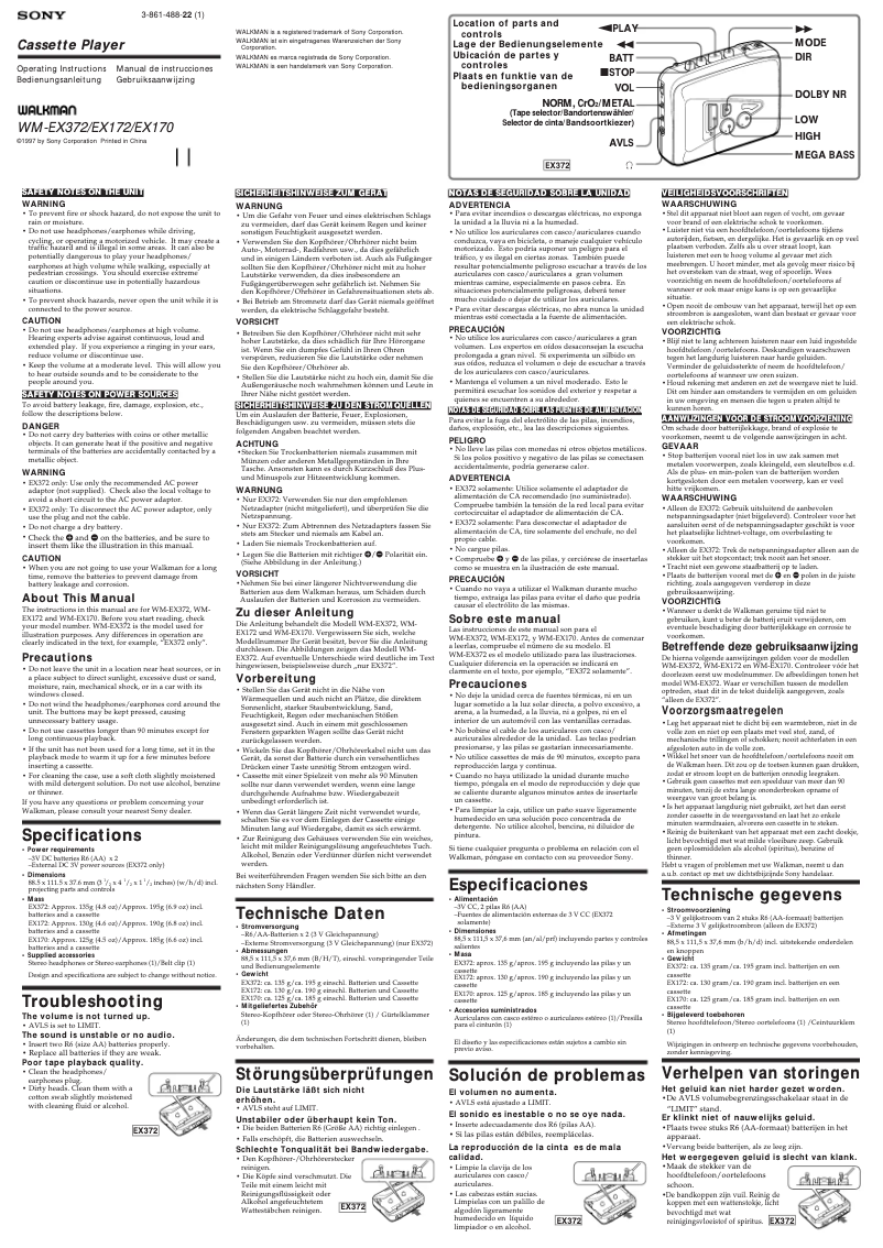 Page 1 de la notice Manuel utilisateur Sony WM-EX172