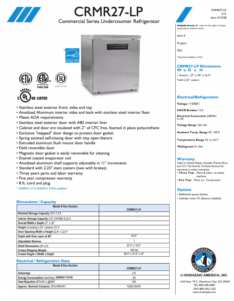 First page image of the manual for Commercial CRMR27-LP