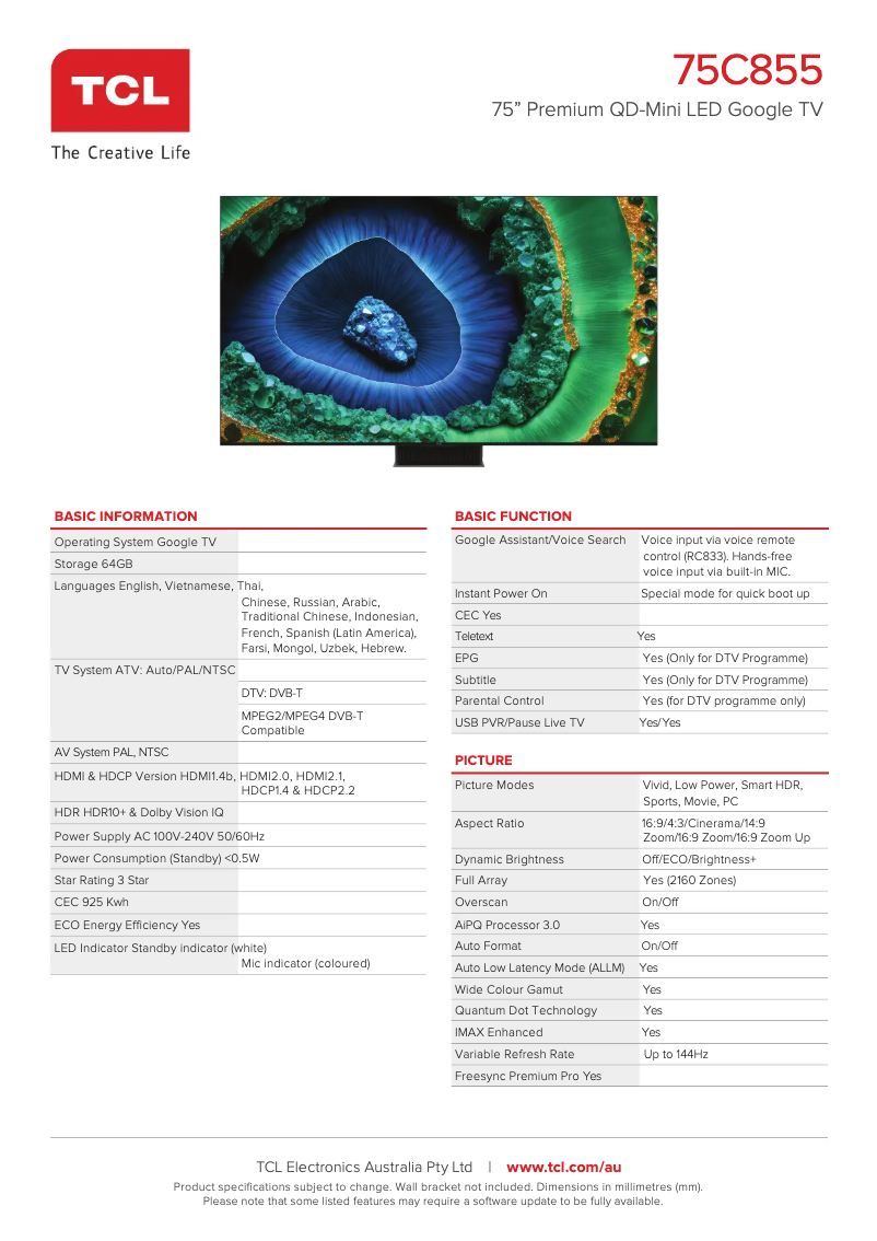 Page 1 de la notice Fiche technique TCL 75C855