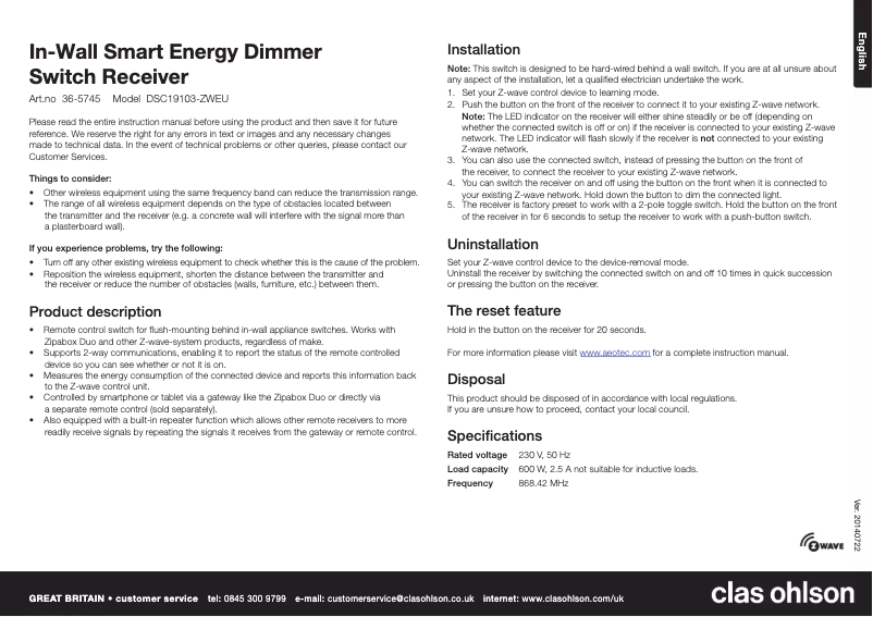 Page 1 de la notice Manuel utilisateur Aeon Labs DSC19103-ZWEU