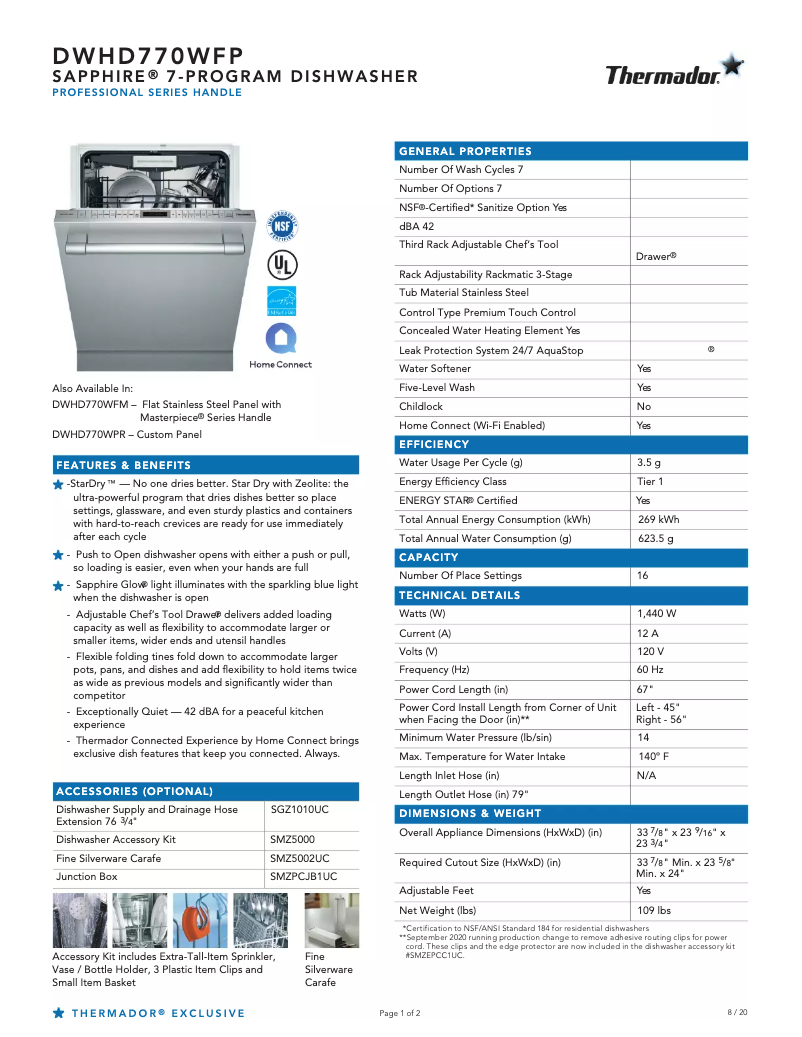 Page 1 de la notice Fiche technique Thermador DWHD770WFP