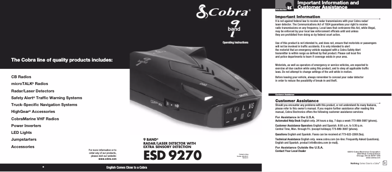 Page 1 de la notice Manuel utilisateur Cobra ESD 9270