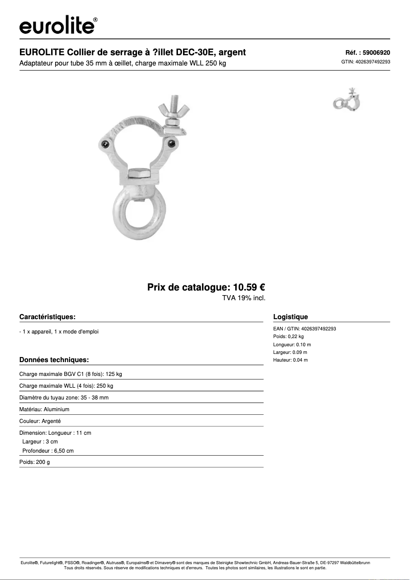 Page 1 de la notice Fiche technique Eurolite DEC-30E