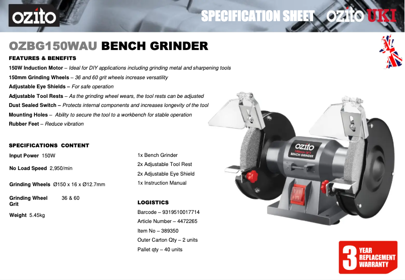 Page 1 de la notice Fiche technique Ozito OZBG150WAU