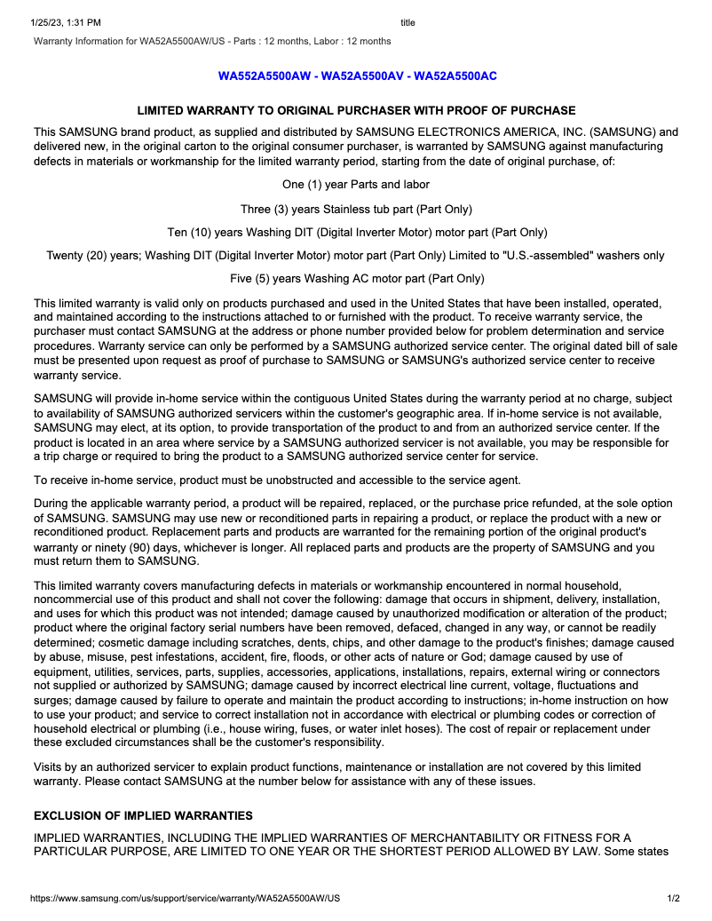 Página 1 del manual Información de garantía Samsung WA52A5500AW