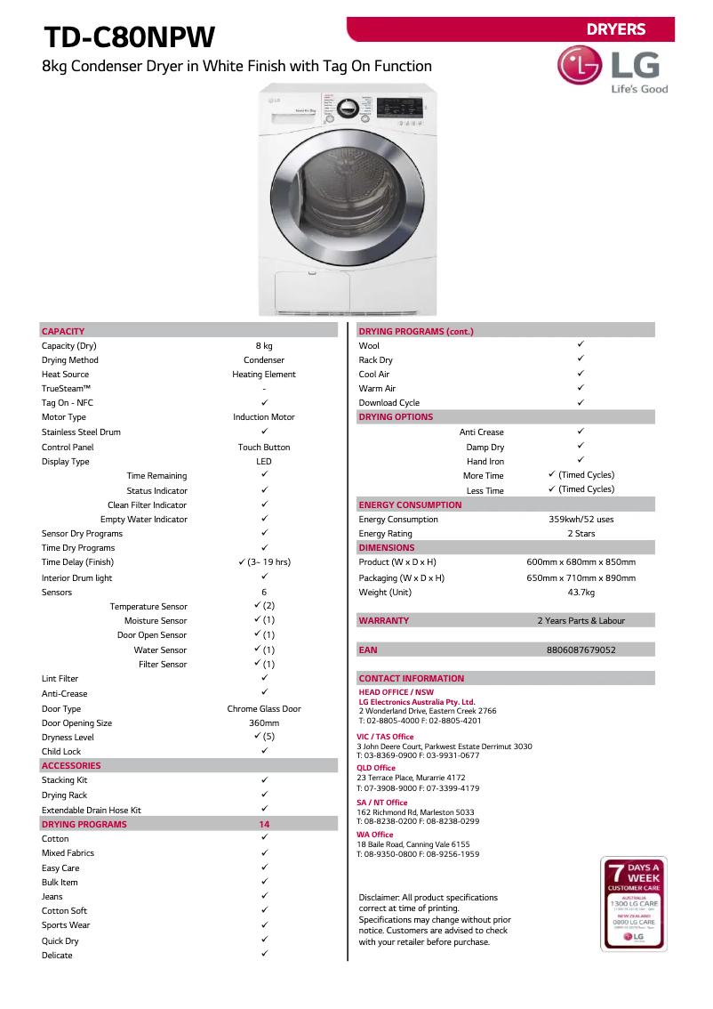 Page 1 de la notice Fiche technique LG TD-C80NPW