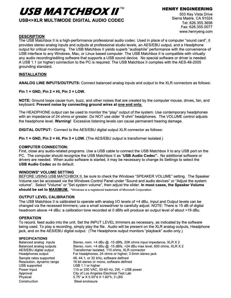 Page 1 de la notice Manuel utilisateur Henry Engineering USB Matchbox II