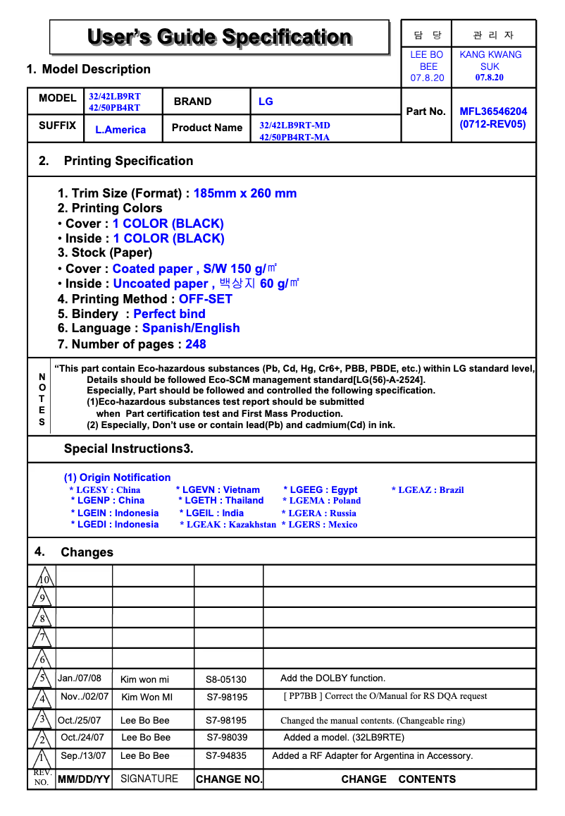 Page 1 de la notice Manuel utilisateur LG 42LB9RTE
