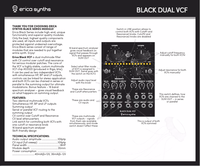 Page 1 de la notice Manuel utilisateur Erica Synths Black Dual VCF