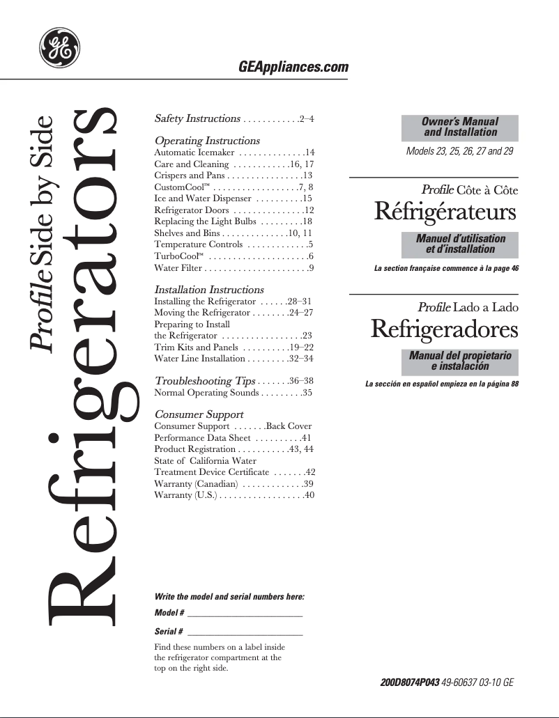 Page 1 de la notice Manuel utilisateur GE PSSS3RGZSS