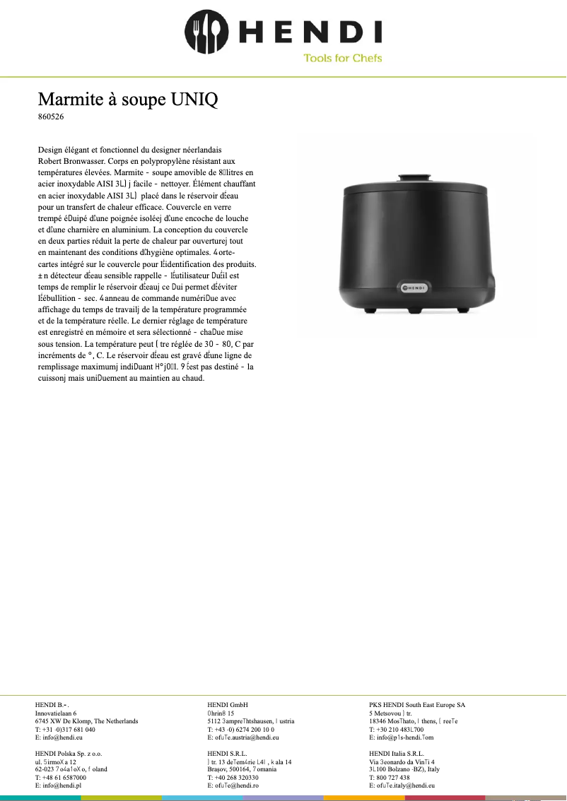 Page 1 de la notice Fiche technique Hendi 860526