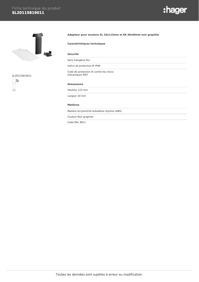 Page n°1 - Fiche technique Hager SL20115819011