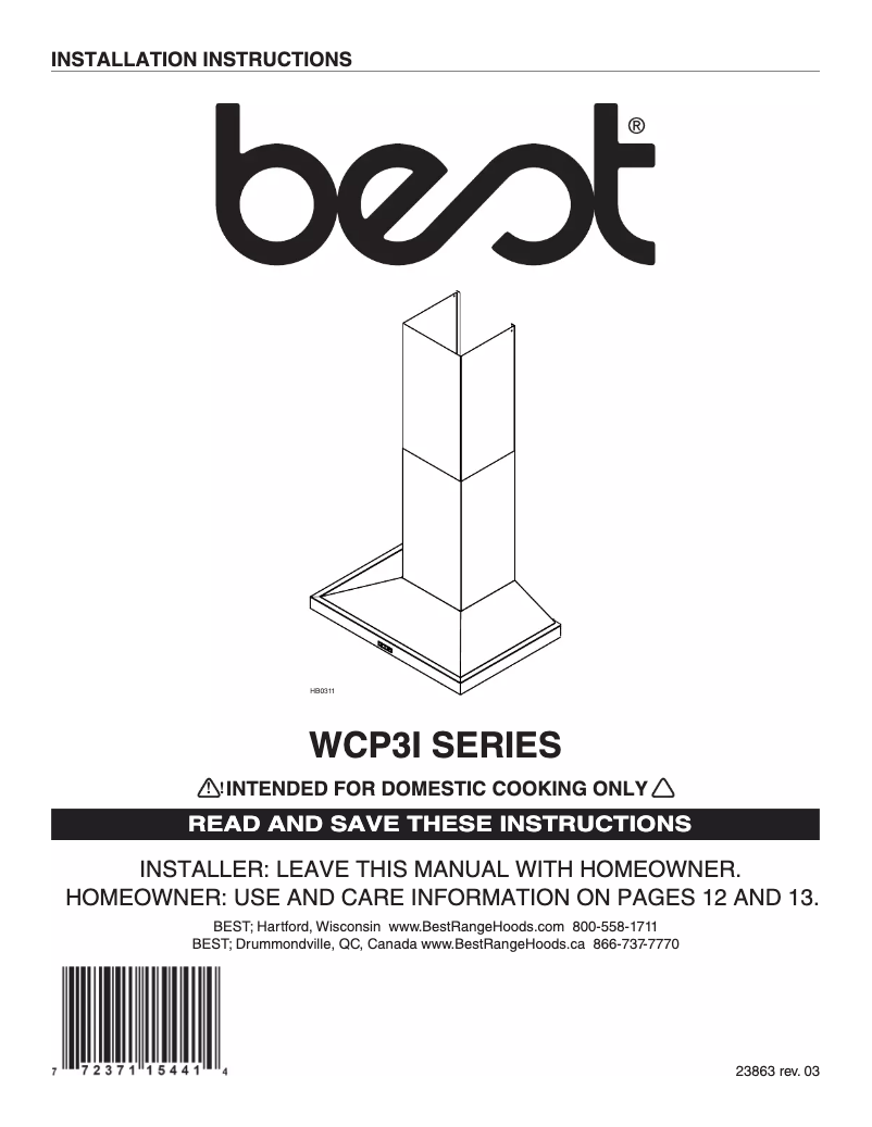 Page 1 de la notice Guide d'installation Best Trovare WCP3I36SB