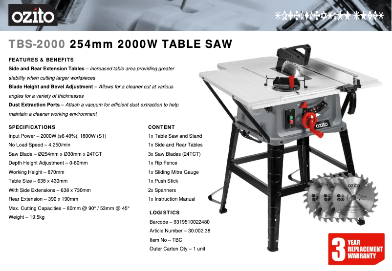 Página 1 del manual Ficha técnica Ozito TBS-2000