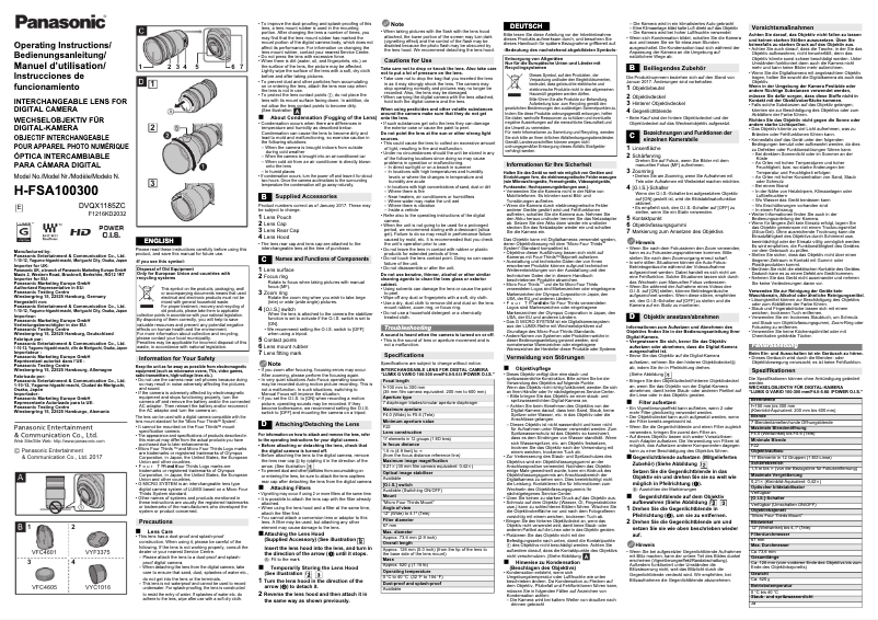 Page 1 de la notice Manuel utilisateur Panasonic Lumix H-FSA100300E