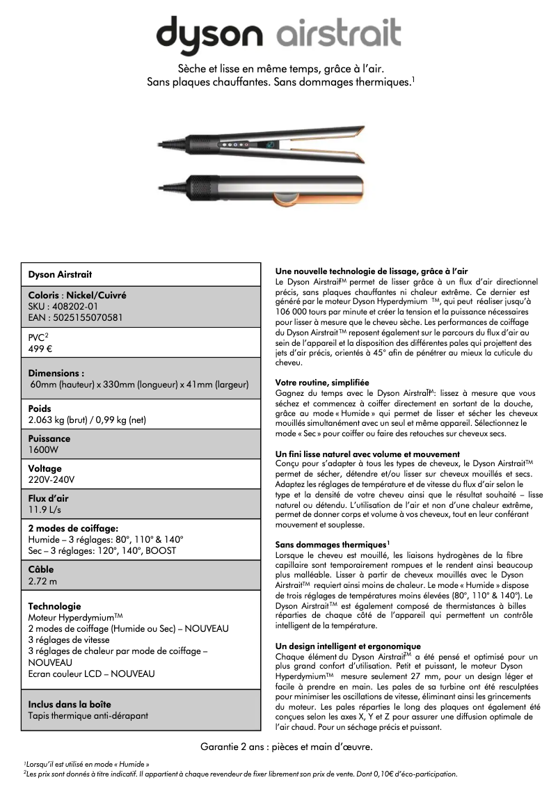Page 1 de la notice Manuel utilisateur Dyson Airstrait