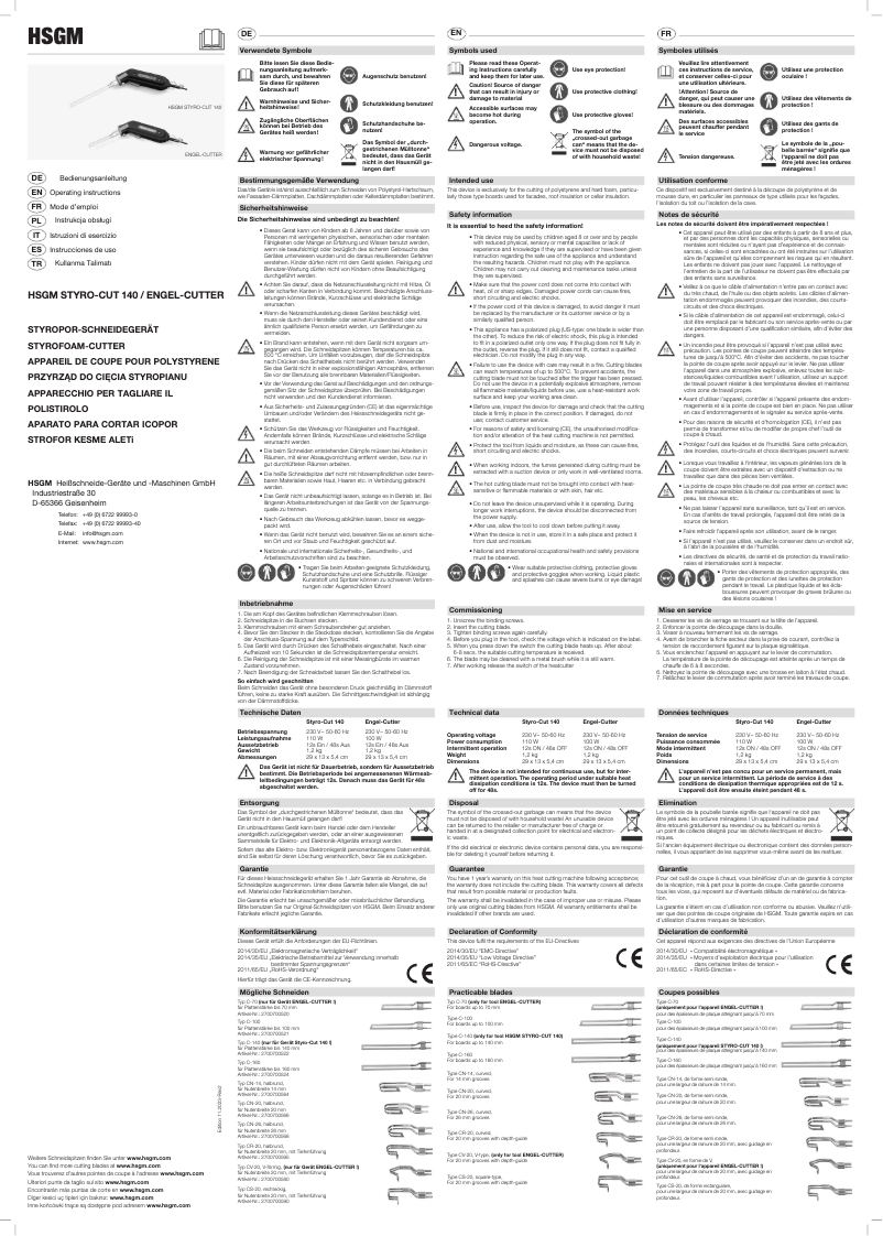 Page n°1 - Manuel utilisateur HSGM Styro-Cut 140