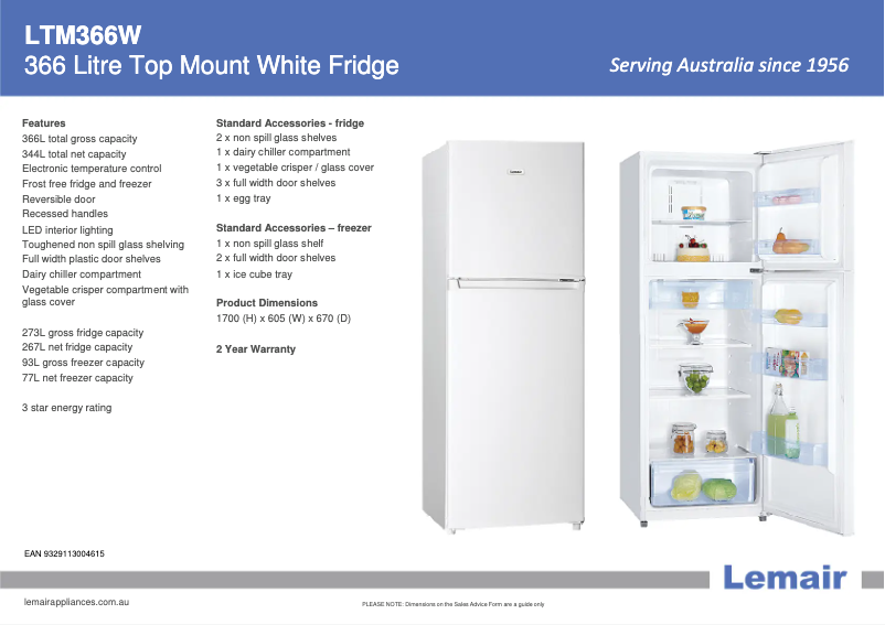 Page 1 de la notice Fiche technique Lemair LTM366W