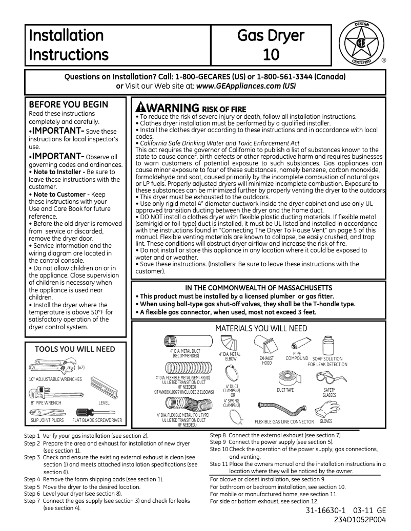 Page 1 of the manual Installation Guide GE GFDS355GLMS