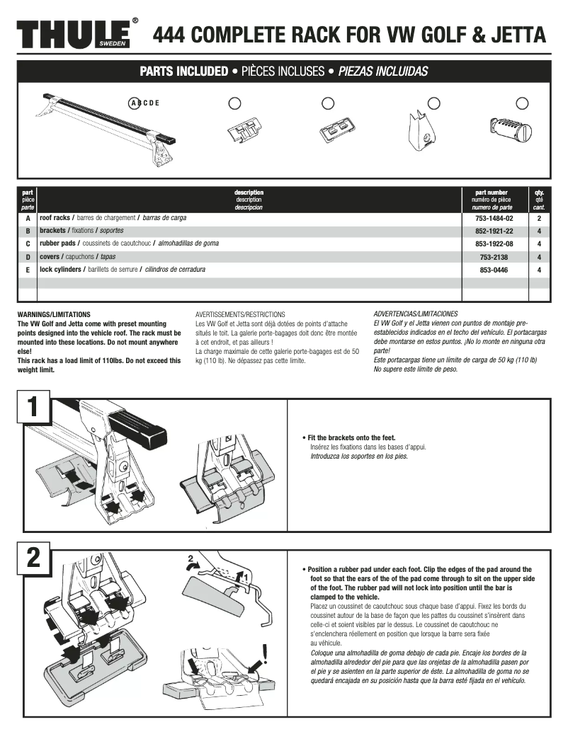 Page 1 de la notice Manuel utilisateur Thule VW 444