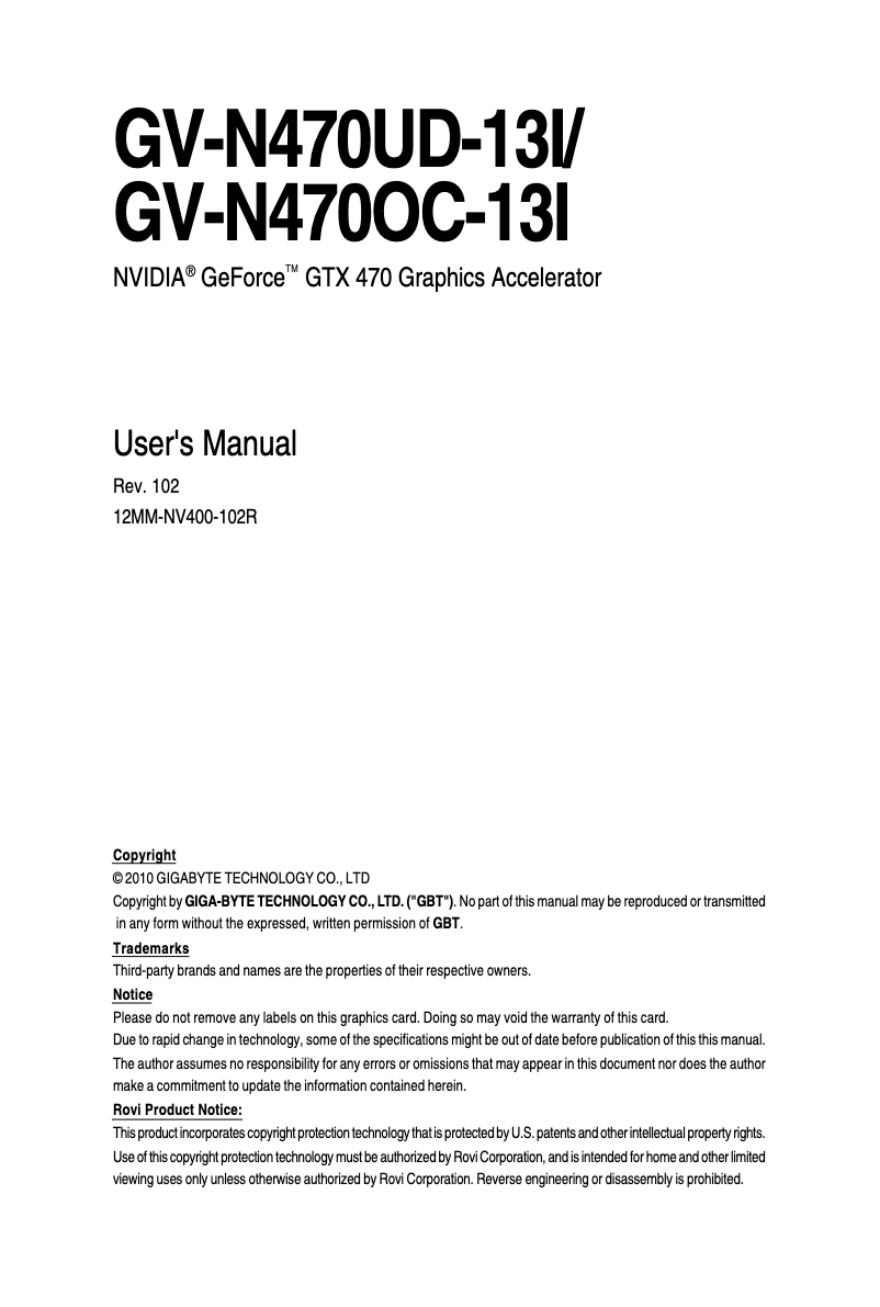 Page n°1 - Manuel utilisateur Gigabyte GV-N470OC-13I