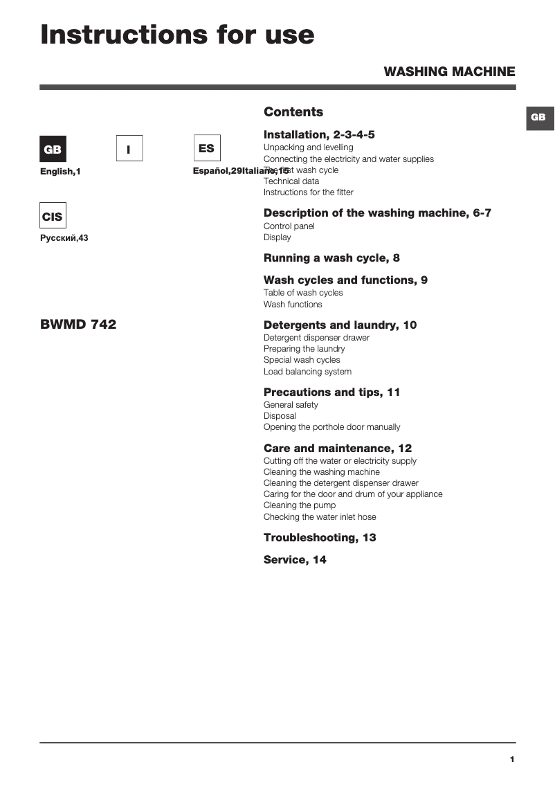 Page 1 de la notice Manuel utilisateur Hotpoint Ariston BWMD 742 (EU)