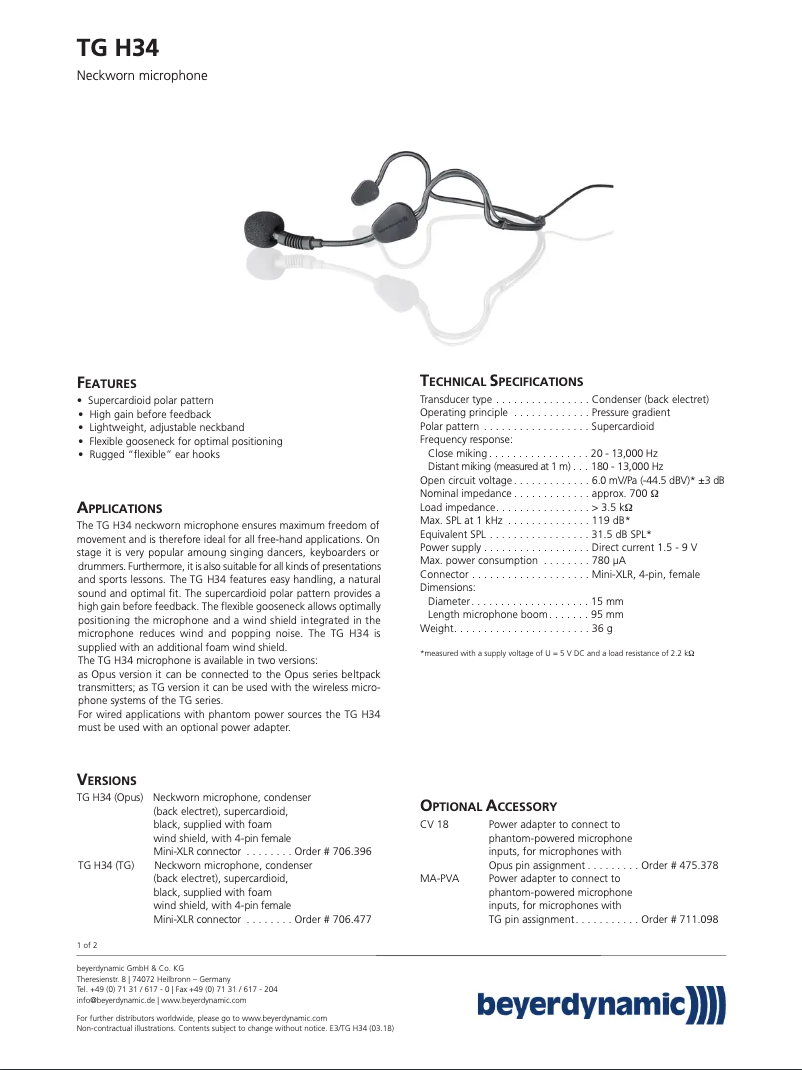 Page n°1 - Fiche technique Beyerdynamic TG H34
