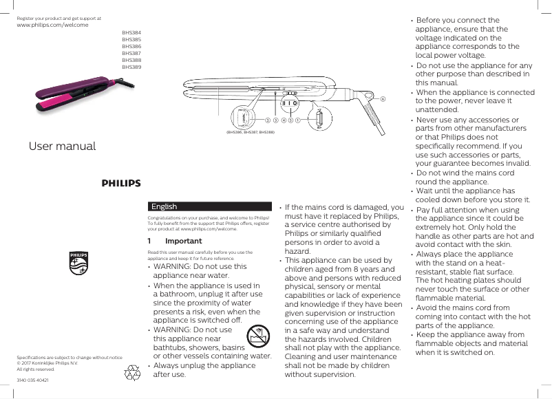 Page 1 de la notice Manuel utilisateur Philips BHS384
