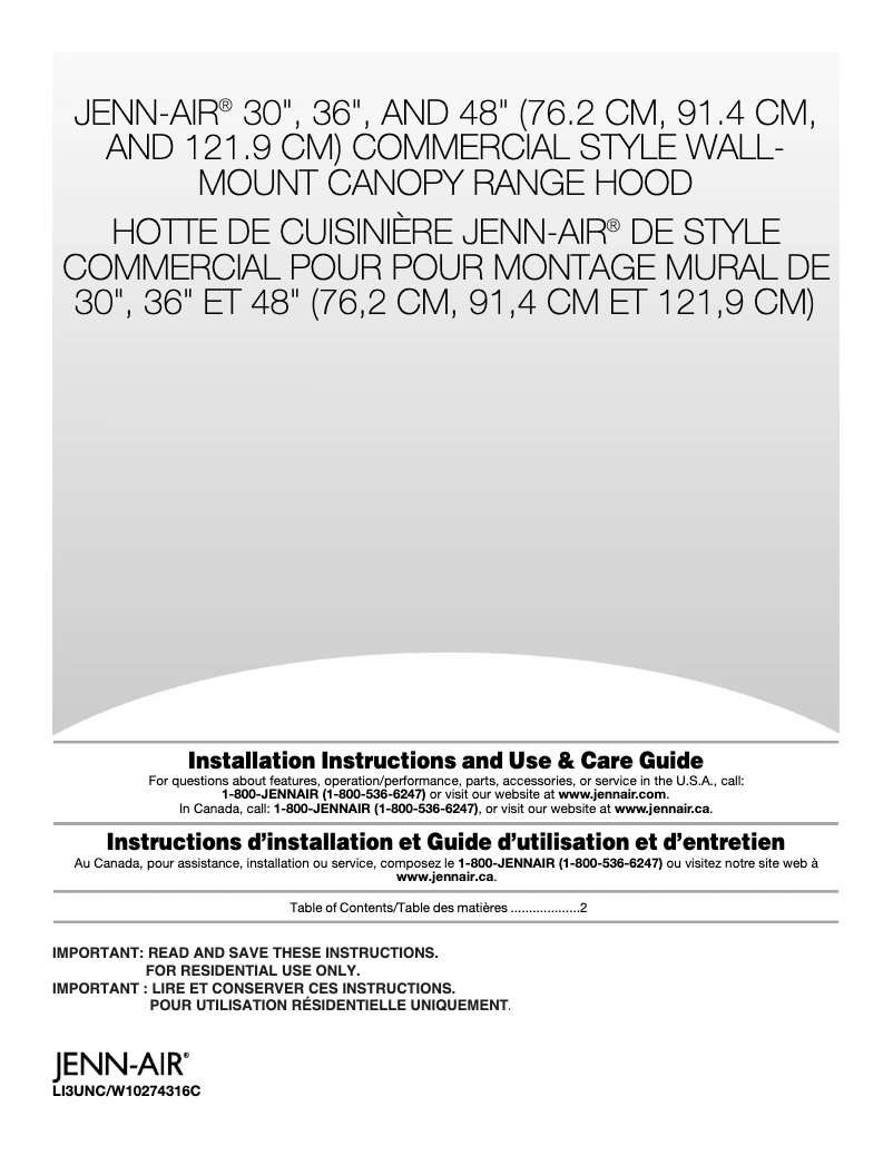 Page n°1 - Guide d'installation JennAir JXW9036WP