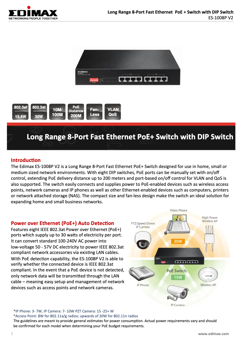 Page 1 de la notice Fiche technique Edimax ES-1008P V2