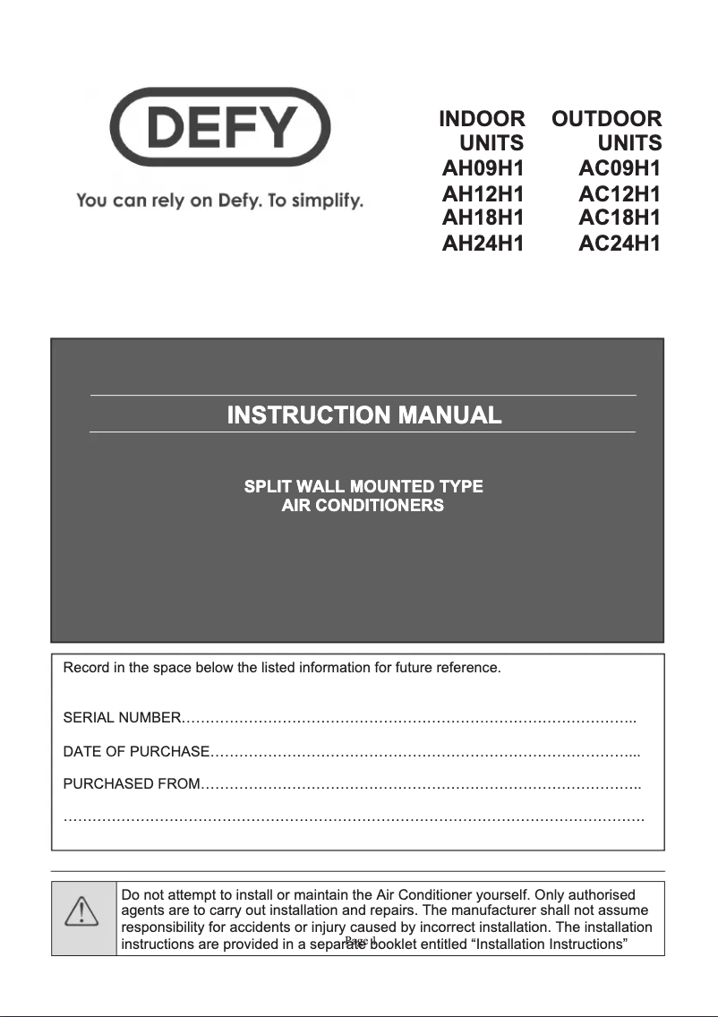 Page 1 of the manual User Manual Defy AH18H1