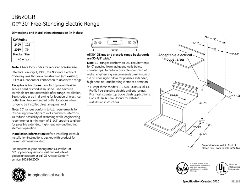 Page 1 de la notice Fiche technique GE JB620GRSA