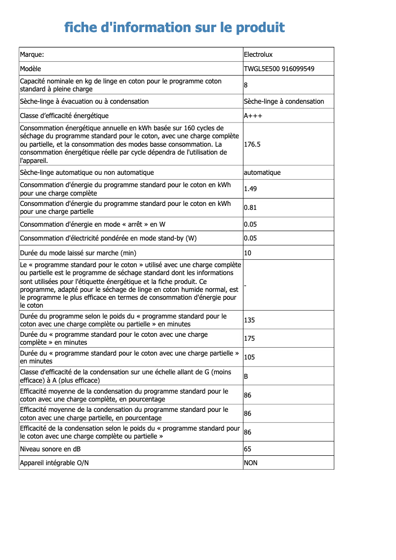 Page 1 de la notice Fiche technique Electrolux TWGL5E500
