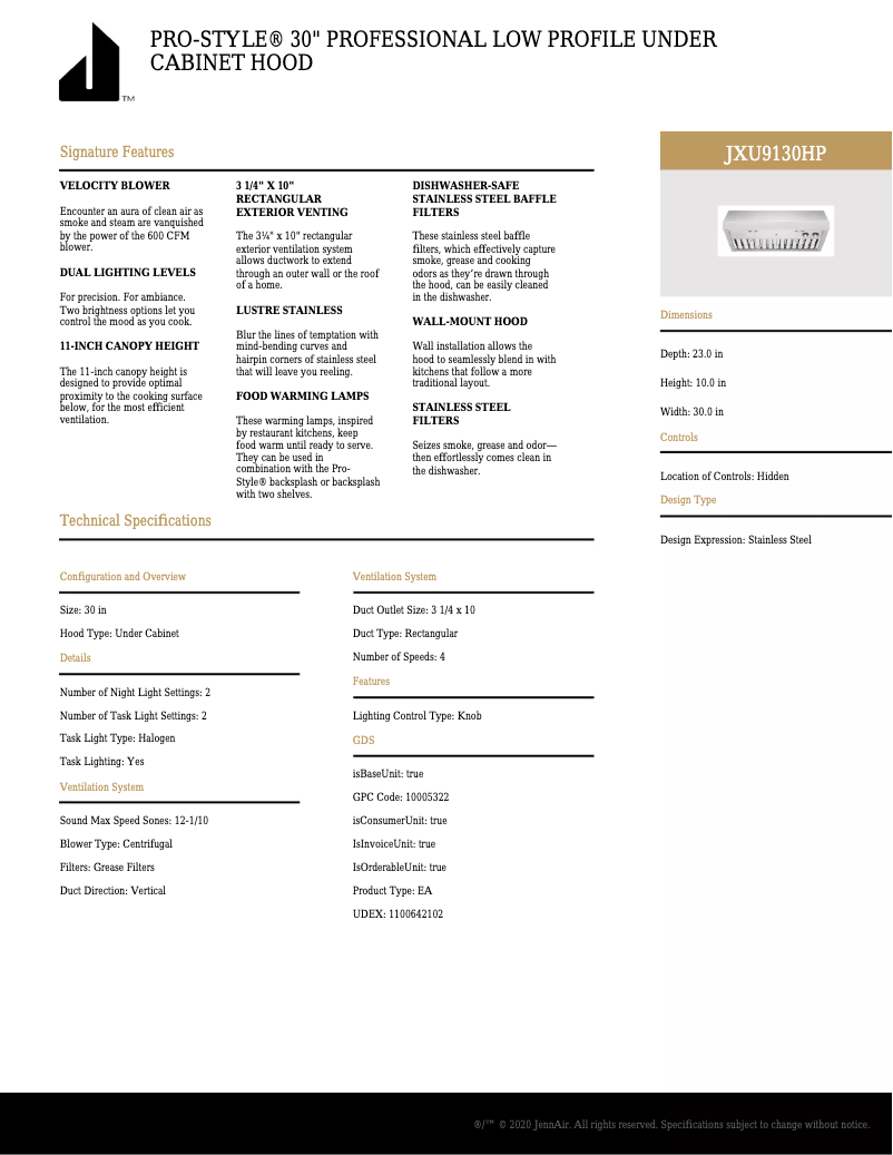 Page 1 de la notice Fiche technique JennAir JXU9130HP