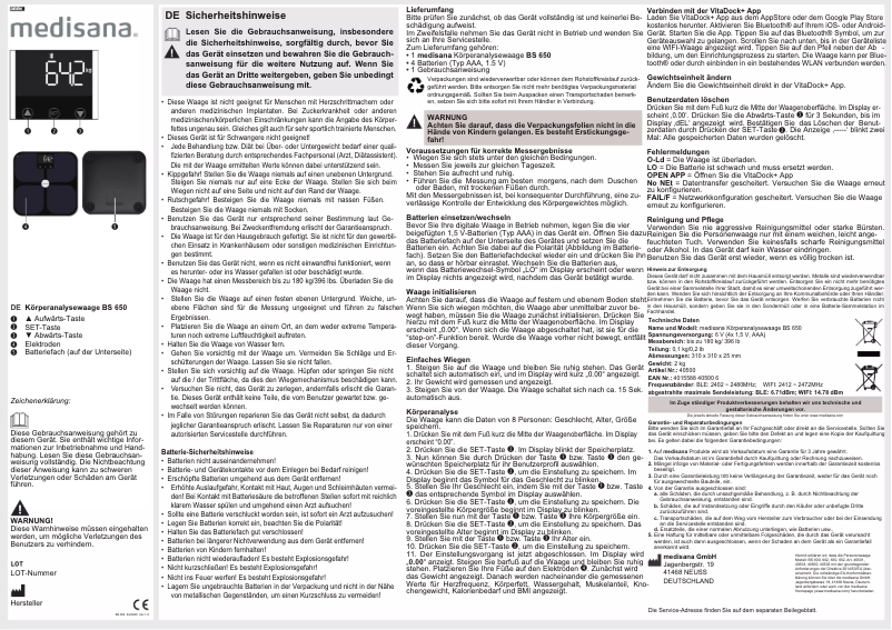 Page 1 de la notice Manuel utilisateur Medisana BS 650