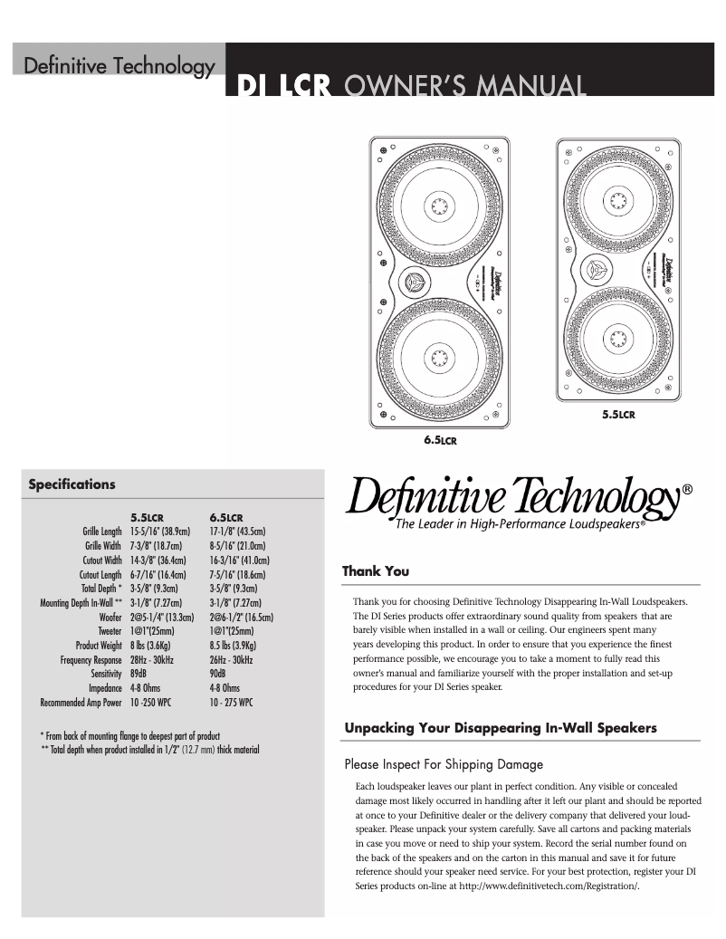 Page 1 de la notice Manuel utilisateur Definitive Technology Definitive DI 6.5LCR
