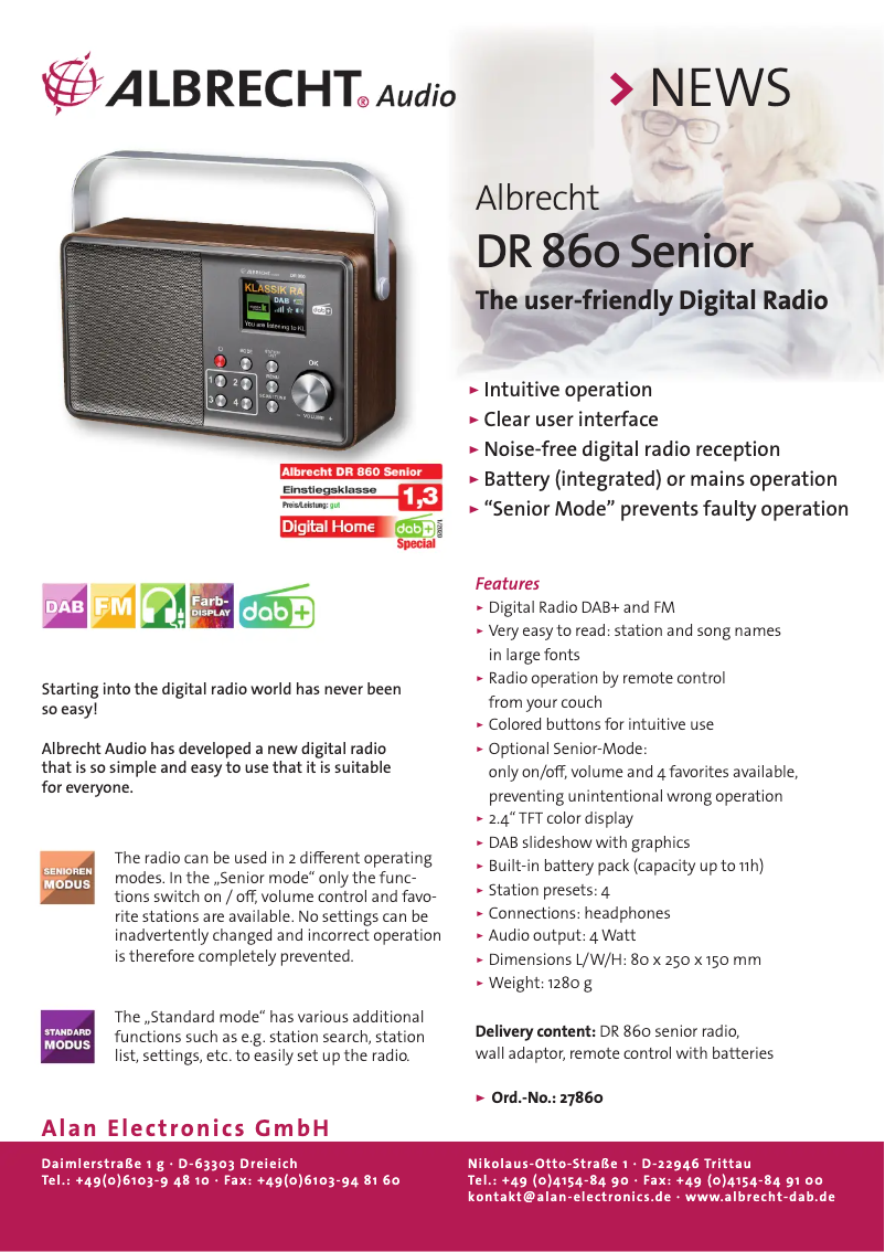 Página 1 del manual Ficha técnica Albrecht DR 860 Senior